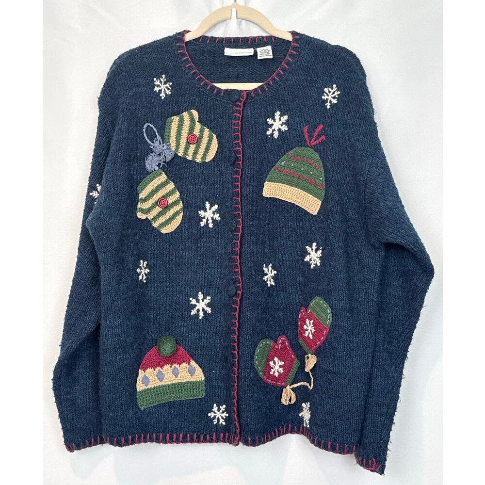 Croft & Barrow Navy Christmas Cardigan Crochet Mittens XL